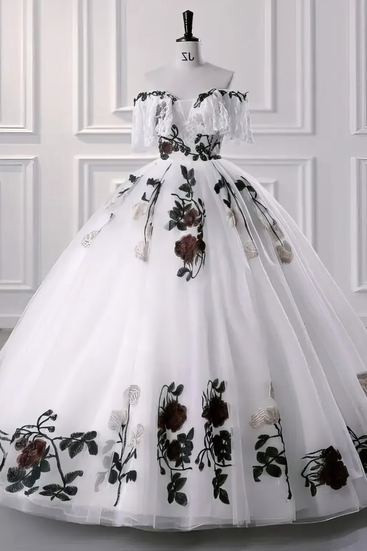 Robe de Princesse Roses Fleuries Épaules Dénudées – Adèle