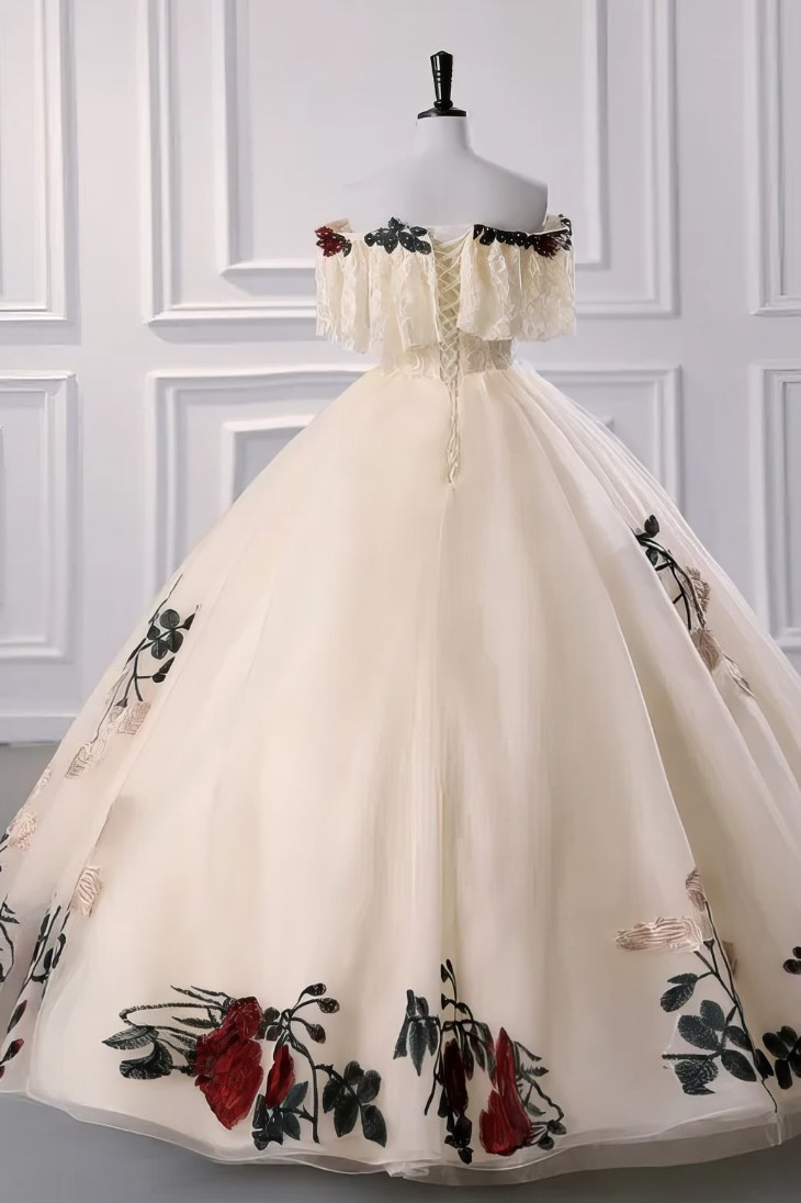 Robe de Princesse Roses Fleuries Épaules Dénudées – Adèle